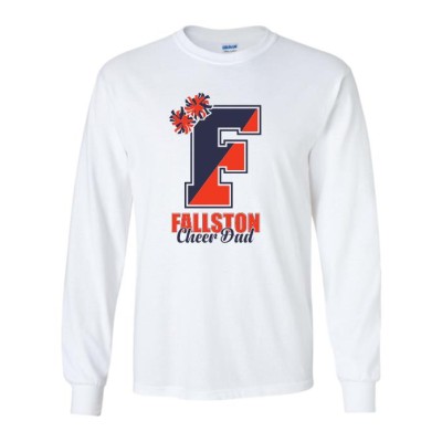 Fallston Cougars white Cheer Dad long sleeve pompom tee cursive