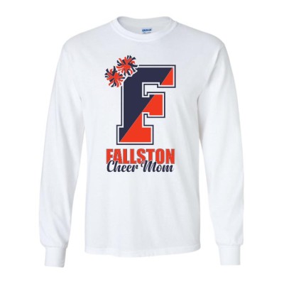 Fallston Cougars white Cheer Mom long sleeve pompom tee cursive