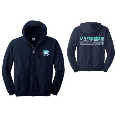 Harford Cheerleading full zip Navy sweatshirt with 11 inch logo