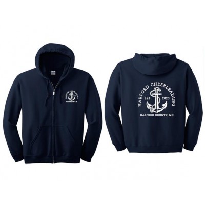 Harford Cheerleading full zip navy anchor hooded sweatshirt