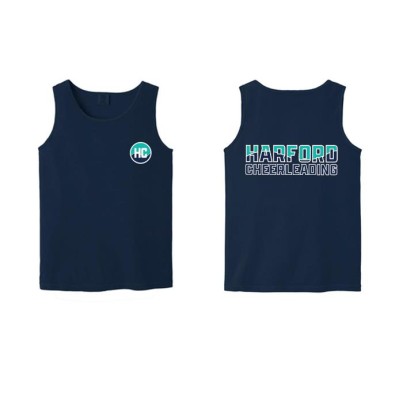 Harford Cheerleading navy 11 inch logo tank (front and back)