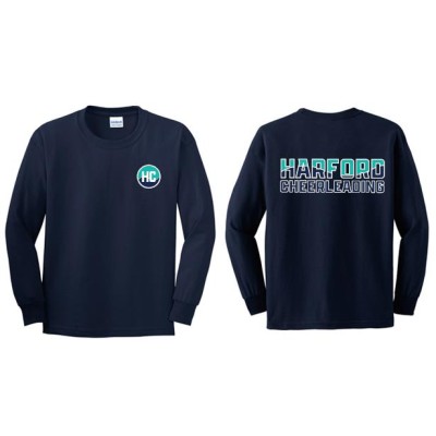 Harford Cheerleading navy 11 inch logo long sleeve  (front and back design)