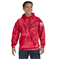 St. Paul's Lutheran School red tie dye hooded sweatshirt- Isaiah 41:10 on back