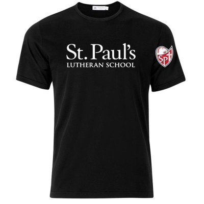 St. Paul's Lutheran School black t-shirt- Isaiah 41:10 on back