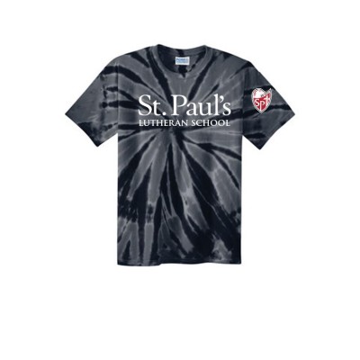 St. Paul's Lutheran School black tie dye t-shirt- Isaiah 41:10 on back