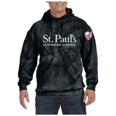 St. Paul's Lutheran School black tie dye hooded sweatshirt- Isaiah 41:10 on back