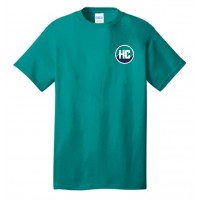 Harford Cheerleading 11 inch logo on teal tee ( front and back )